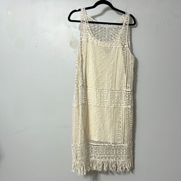 Lauren Ralph Lauren Cream Crochet Fringe Dress PM Boho Beachy - Picture 2 of 6